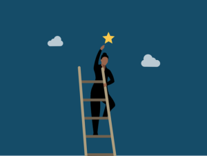 a woman climbing a ladder reaching for a star in the sky