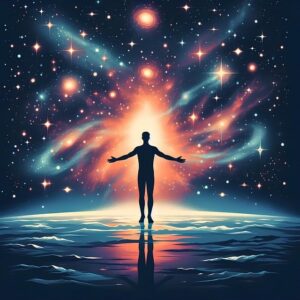 person standing in front of the cosmos