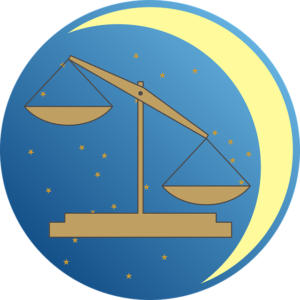 libra scales and a crescent moon on a starry background