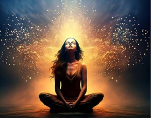 woman seated in meditation with her head tilted toward the sky with light and energy surrounding her