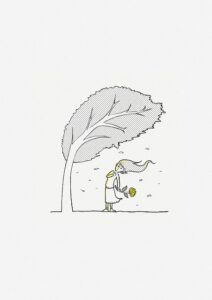 person and tree blowing in the wind