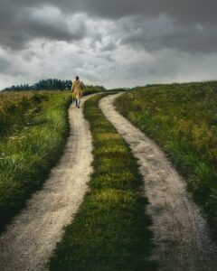 person walking up a path on a cloudy day